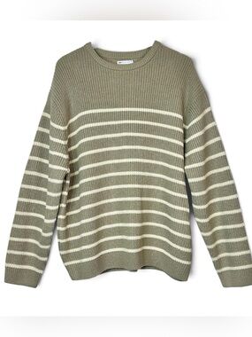ASOS Men’s Oversized Crew Neck Knit Sweater Green & Ecru Stripes Size Large